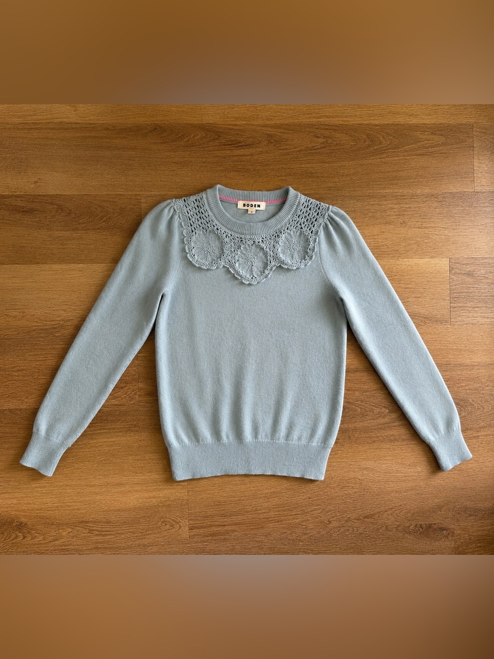 Boden Blue Gray Crochet Floral Yoke Sweater Small